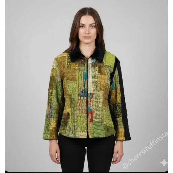 Tiger Lili VTG 80s 90s Patchwork Jacket 100% Silk Wearable Art Faux Fur Green 10 - Picture 13 of 13